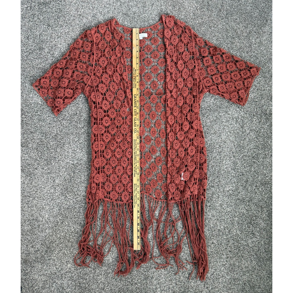 Boho Crochet Fringe Cardigan Rust Open Knit Festival Kimono Duster S - Picture 3 of 8